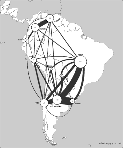 Map of Internet traffic in South America - 1997